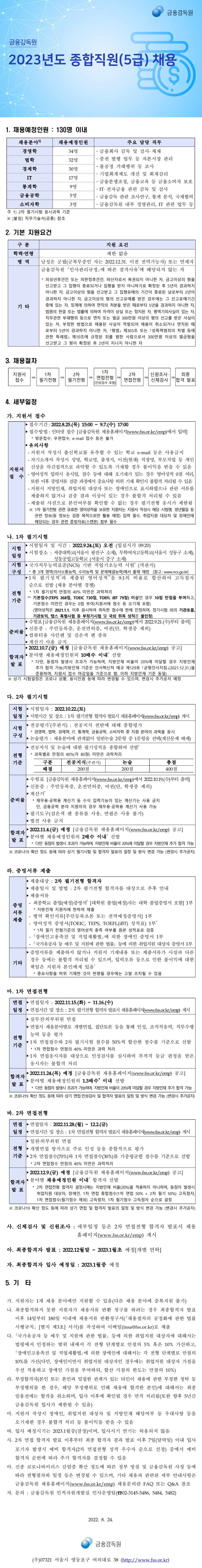 금융감독원 채용공고 | 2023년도 종합직원(5급) 채용 (~09/07) | 캐치