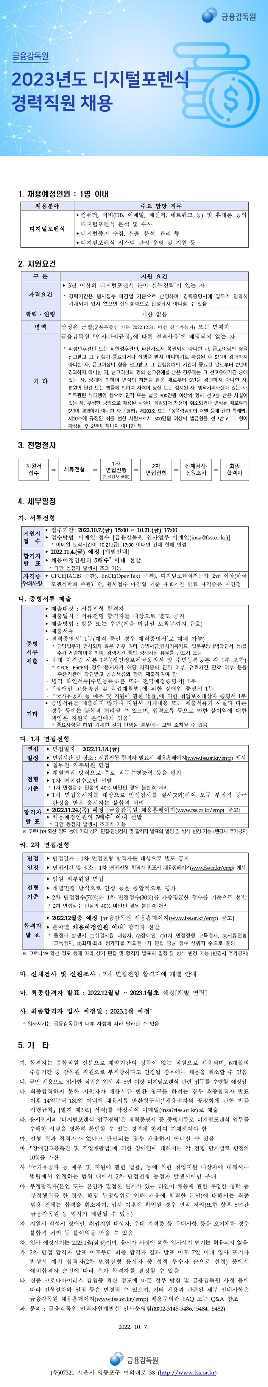 금융감독원 채용공고 | 2023년도 디지털포렌식 경력직원 채용 (~10/21) | 캐치