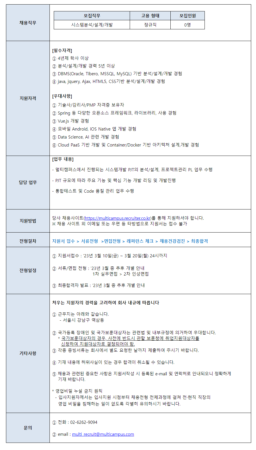 멀티캠퍼스] 시스템개발/분석/설계 경력직(정규) 채용 (~03/20) | 캐치