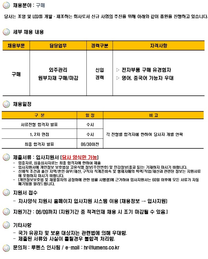 루멘스] 구매 신입/경력사원 채용 (~06/09) | 캐치